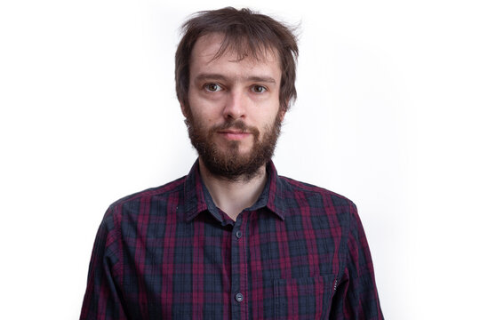 Portrait Shaggy Young Bearded Man With Long Hair Before Haircut.