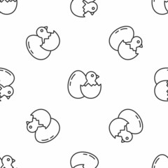 Grey line Little chick in cracked egg icon isolated seamless pattern on white background. Vector