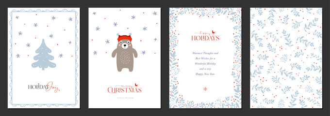Holiday cards with Christmas Tree, bear, birds, backgrounds, ornate floral frames and copy space. Universal modern artistic templates.