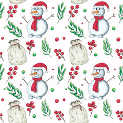 Marker hand drawn Christmas pattern with snowman character, mistletoe and gifts. Seamless texture for New Year's decor, fabric, wrapping paper. High quality photo