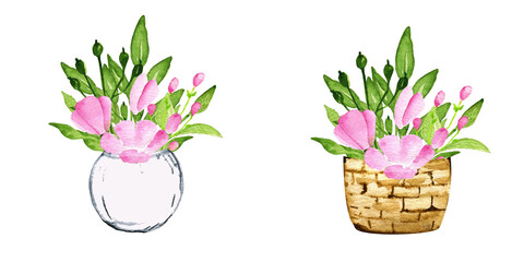 Watercolor illustration of flowers with basket and vase