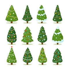 Set of Cartoon Christmas Trees, Pines Collection for Greeting Card, Invitation. New Year and Xmas Traditional Symbol