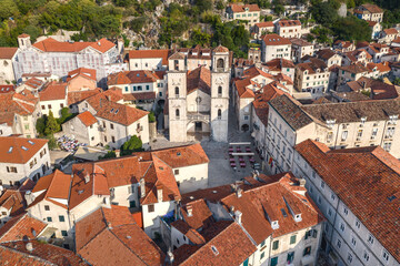 Kotor. The old town of Kotor from above. Cathedral of St. Tryphon. Shooting from a drone. Montenegro