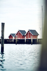 Tiny red houses at the Harbour of Struer, Denmark.
