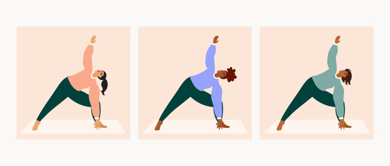 Illustration set of diverse women wearing cozy clothes doing yoga pose