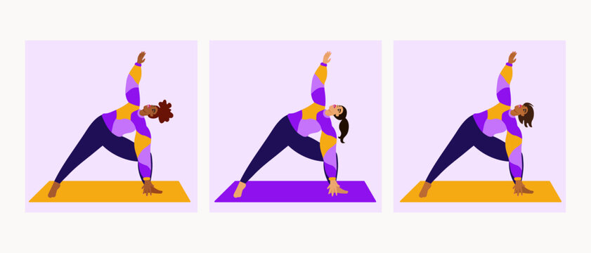 Illustration set of diverse women wearing bright sportswear doing yoga pose