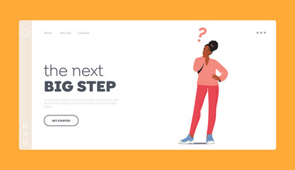 Obraz na płótnie Canvas Doubts and Confusion Landing Page Template. Female Stand Under Question Mark Thinking Idea, Choose Right Solution