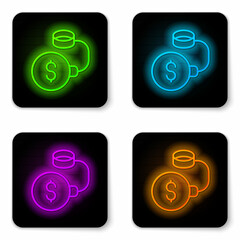 Glowing neon line Debt ball chained to dollar coin icon isolated on white background. Big heavy debt weight with shackles and money. Financial crime, fee, crisis. Black square button. Vector