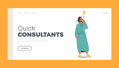 Obraz na płótnie Canvas Quik Consultants Landing Page Template. Confused or Curious Female Character Stand Under Question Mark, Girl Asking
