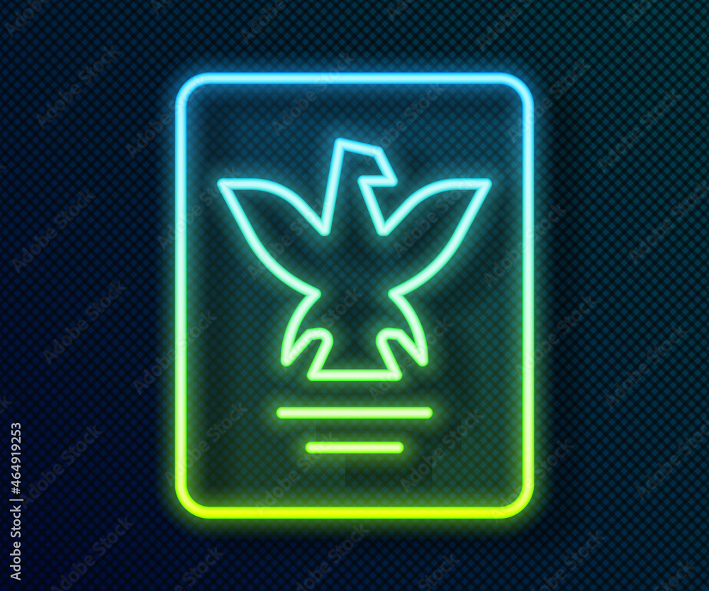 Poster glowing neon line passport with biometric data icon isolated on black background. identification doc