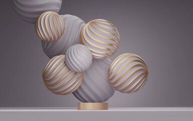 3D background podium display, abstract metallic gold Christmas ball flying. Pastel purple gray primitives levitating over pedestal. Cosmetic, beauty product placement. Trendy stand, 3D render	