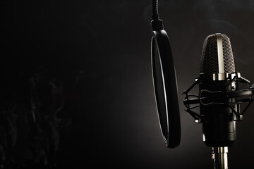 Close-up. Professional microphone and pop filter. Minimalism. Radio broadcasting, television,...