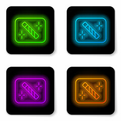 Glowing neon line Photo retouching icon isolated on white background. Photographer, photography, retouch icon. Black square button. Vector