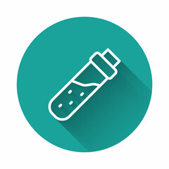 White line Bottle with potion icon isolated with long shadow background. Flask with magic potion. Happy Halloween party. Green circle button. Vector