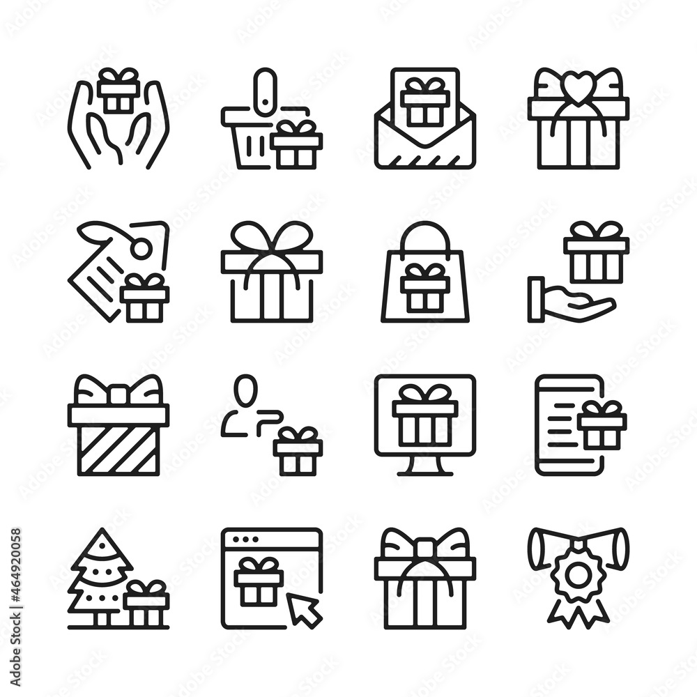 Poster gift line icons set. modern graphic design concepts, simple outline elements collection. vector line