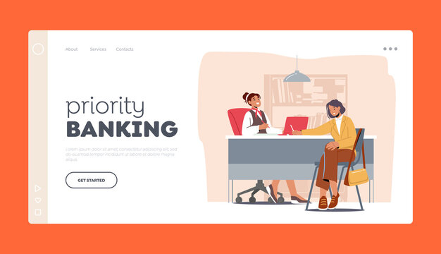 Priority Banking Landing Page Template. Professional Service, Customer And Banker In Bank Office. Finance Consult