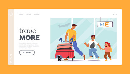 Father Travelling with Little Daughter and Son Landing Page Template. Young Man with Children Characters in Airport