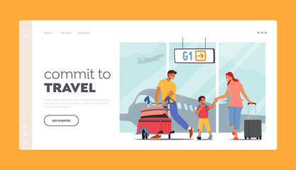 Family Travel with Child .Landing Page Template. Father, Mother and Son Traveling Together. Parents and Kid in Airport