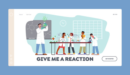 Fototapeta na wymiar Little Researchers Conduct Experiment in Chemistry Class Landing Page Template. Schoolkids Characters with Teacher