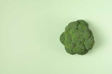 Top view fresh green broccoli vegetable on pale green. Broccoli cabbage head on a colored background. Flat lay. Copy space. Healthy or vegetarian food concept