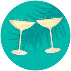Champagne saucer glasses icon vintage style. Cheers champagne glasses coupes on the on the background silhouette of spruce. Clink flutes of bubbly champagne vector illustration.