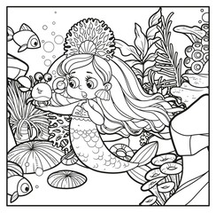 Cartoon crab showing a large pearl to cute little mermaid girl in coral tiara outlined for coloring page on seabed with corals and algae background