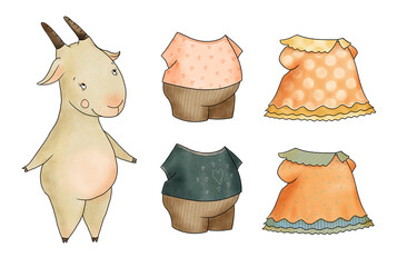 girl dressing game Nice sweet little goat with various clothes. Wardrobe dressing set, hand painted watercolor isolated on white background