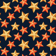 Fototapeta premium Wonderful christmas new year seamless pattern on dark blue background. Colorful red and yellow gold stars. Perfect for holyday greetings