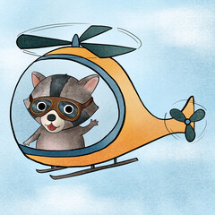 Nice funny friend of kids raccoon pilot in cute yellow helicopter flying in the blue sky with white clouds. Crayon pencil hand painted
