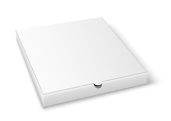 Pizza box mockup. White carton package for food delivery template for branding and restaurant emblem
