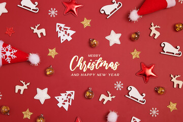 Merry Christmas and Happy New Year greeting card with holiday decorations