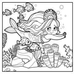 Cute little mermaid girl in coral tiara swims with a flock of fish outlined for coloring page on seabed with corals and algae background