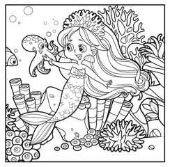 Cute little mermaid girl in coral tiara talks with a small octopus outlined for coloring page on seabed with corals and algae background