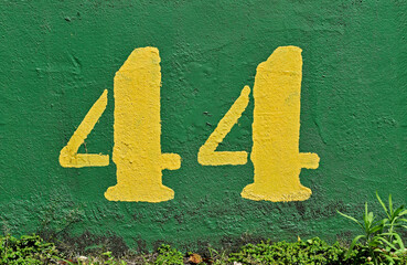 Number 44 painted in yellow on a green wall - obrazy, fototapety, plakaty