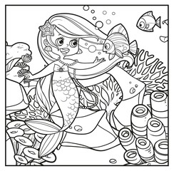 Cute little mermaid girl with seaweed in hand speaks with fish  outlined for coloring page on seabed with corals and algae background