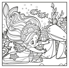 Cute little mermaid girl in coral tiara dives outlined for coloring page on seabed with corals and algae background