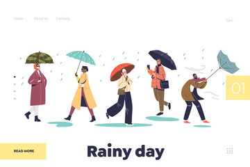 Rainy day concept of landing page with autumn weather: people walk holding umbrellas under rain © Iryna Petrenko