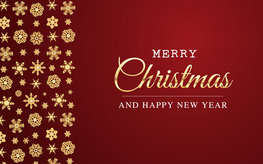 Vector Christmas and New Year greeting card with golden snowflakes and red background. Winter poster template with shining gold stars