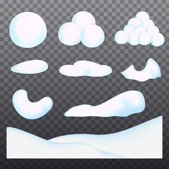 Snow caps, snowballs and snowdrifts set. Vector snowy pile, snowfall  isolated on transparent background. Winter decoration elements. Cartoon illustration