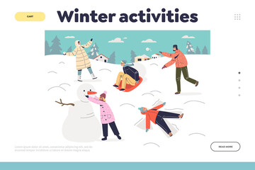 Winter activities landing page with kids have fun play snowballs, make snowman and snow angel