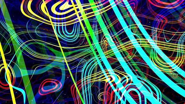 Motion graphic, camera fly in art space, multilayer structure with pattern, glow particles and lines. Ornamental texture rainbow gradient color. Motion design vj loop. Abstract colorful bg. Modern Art