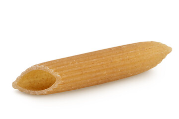 Wolegrain penne pasta from durum wheat isolated on white background with clipping path and full depth of field.