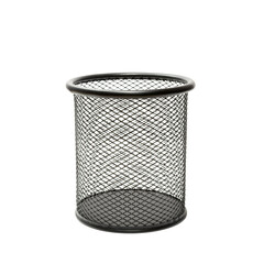 Empty black metal basket pencil holder on white isolated background