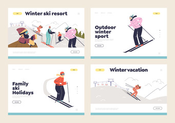 Winter holidays on ski resort for family concept of landing pages set with people enjoy skiing