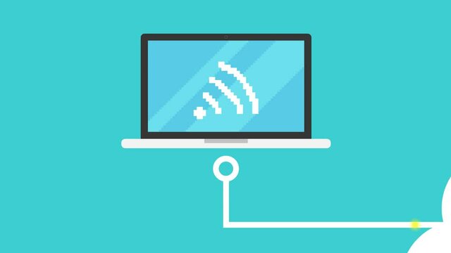 Video animation about sending data via the cloud from the server to other devices. Data is sent from the server to lapotpa, phone, tablet, TV, monitor.