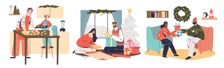 People prepare for christmas: bake gingerbread cookies, wrap and exchange gifts, decorate pine tree