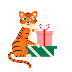 Vector illustration in flat style tiger cub with gift boxes. The symbol of 2022.