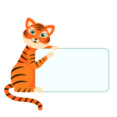 Vector flat illustration of tiger cub with blank sign where you can place your text. The symbol of 2022.