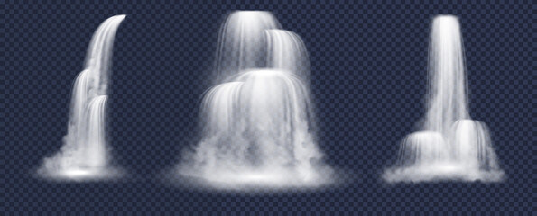 Waterfalls and water fall cascades set of mountain river streams falling down with splashes