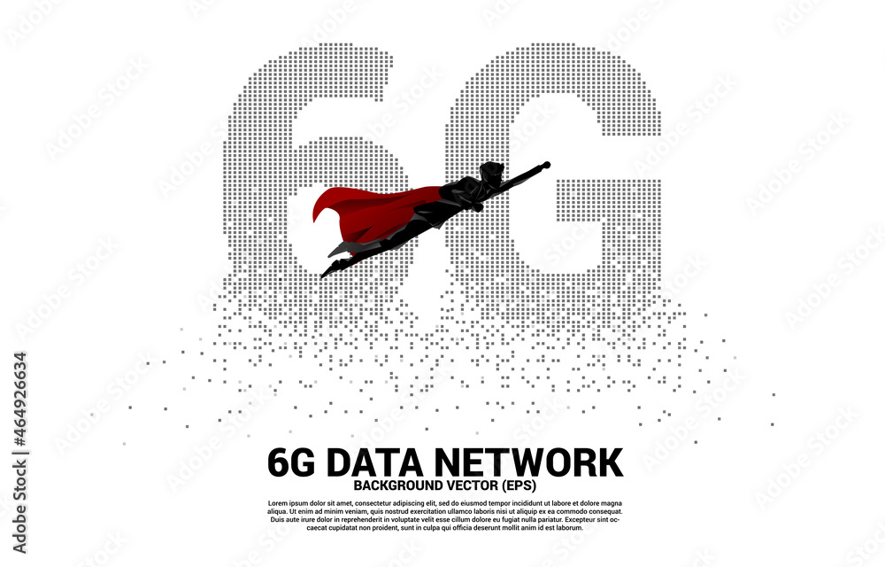 Poster Silhouette of man in superhero suit flying with 6G mobile networking from small square pixel. Concept for mobile sim card technology and network.